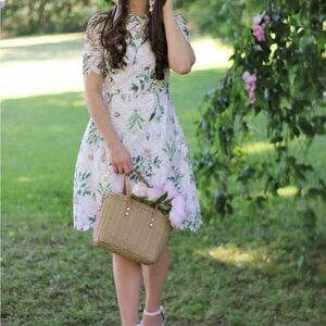 Floral Lace Dress with Straw Bag